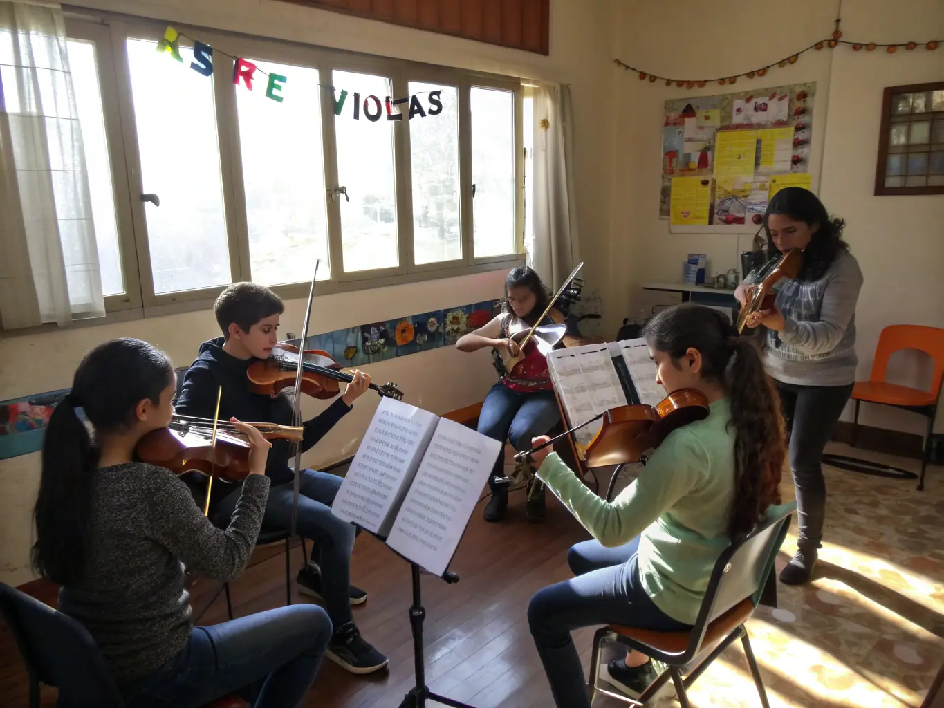 A group of violin students participating in a collaborative session, demonstrating teamwork and shared learning experiences.